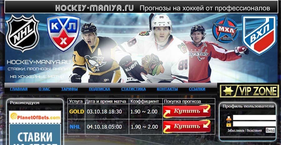 Внешний вид сайта hockey-maniya.ru