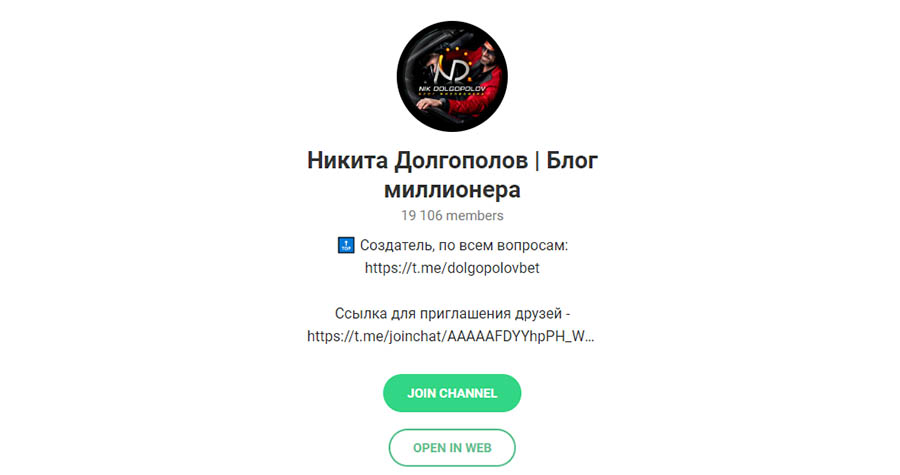 Внешний вид телеграм канала Никита Долгополов (Блог миллионера)