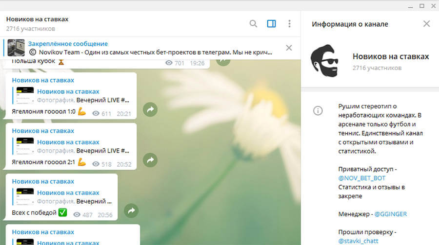 Внешний вид телеграм канала Новиков на ставках