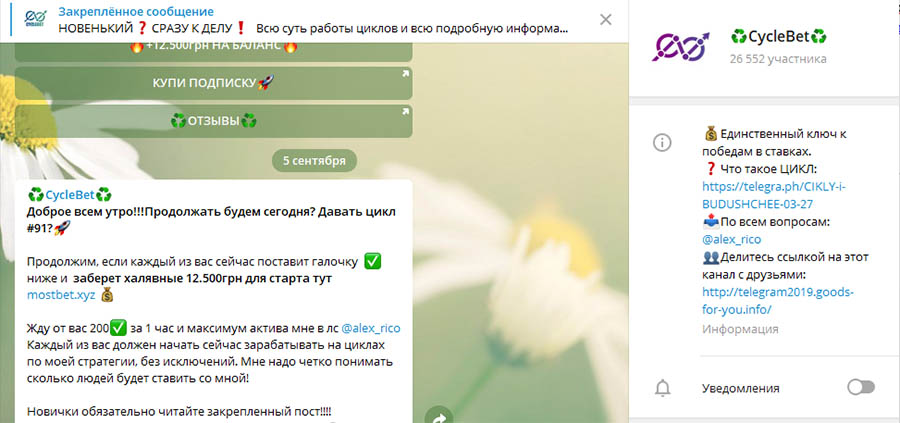 Внешний вид телегарм канала CycleBet