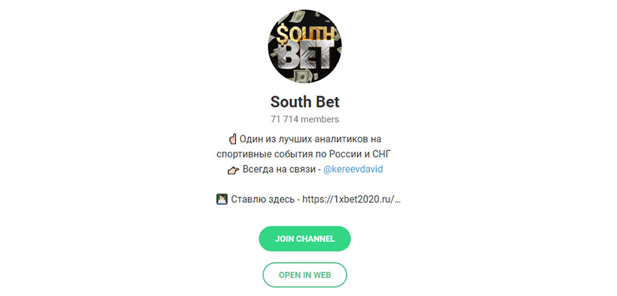 Внешний вид телеграм канала South Bet