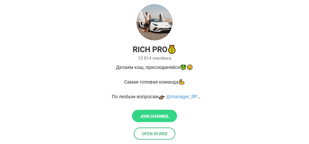 Внешний вид телеграм канала Rich Pro (official)