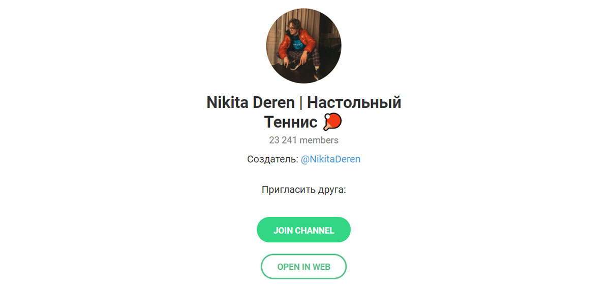 Внешний вид телеграм канала Nikita Deren Настольный теннис