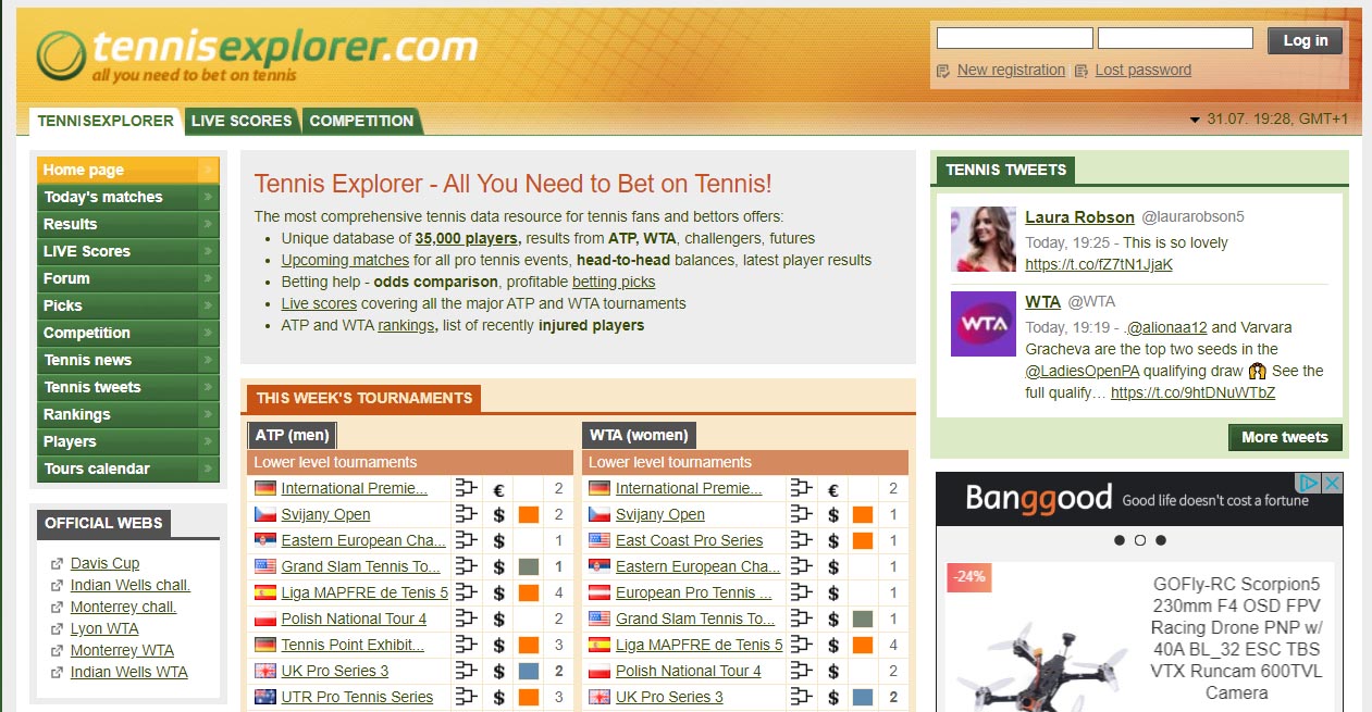 Внешний вид сайта tennisexplorer.com