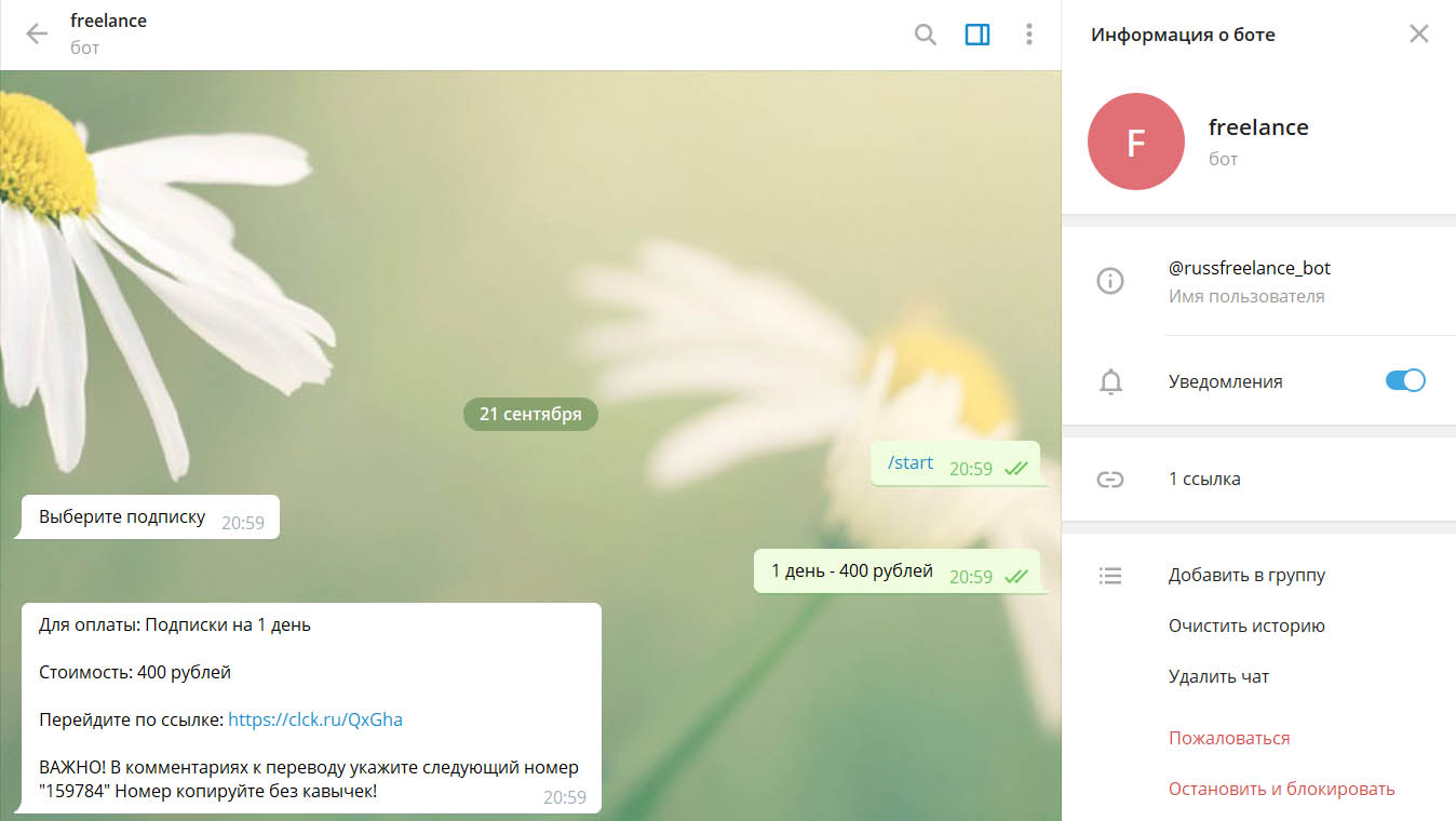 Внешний вид телеграм бота Freelance BOT