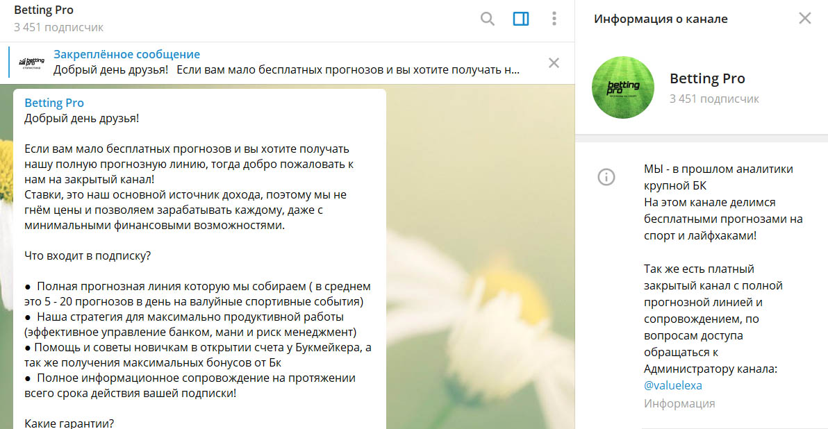 Внешний вид телеграм канала Betting Pro