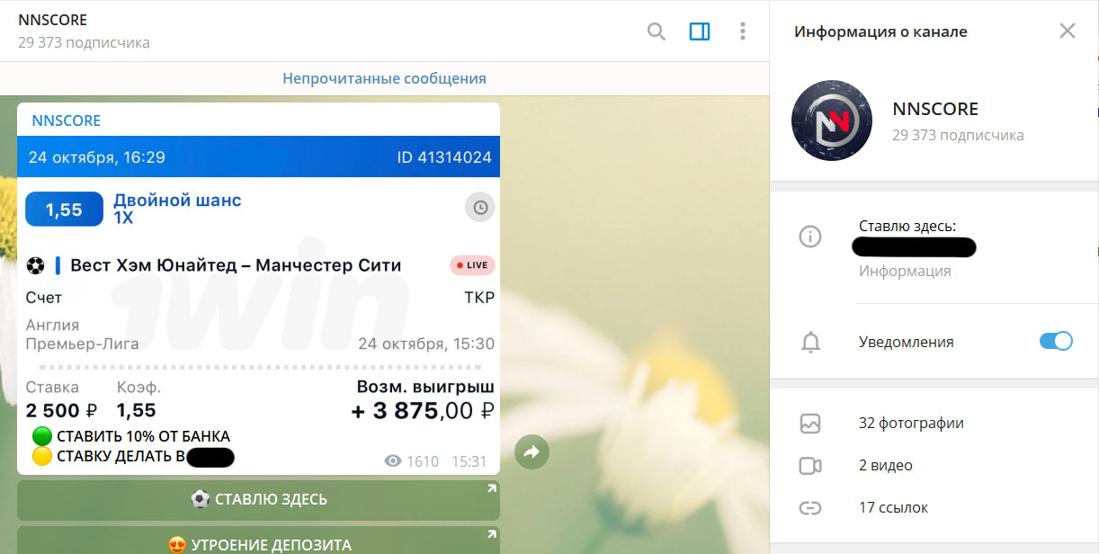 Внешний вид телеграм канала NNscore