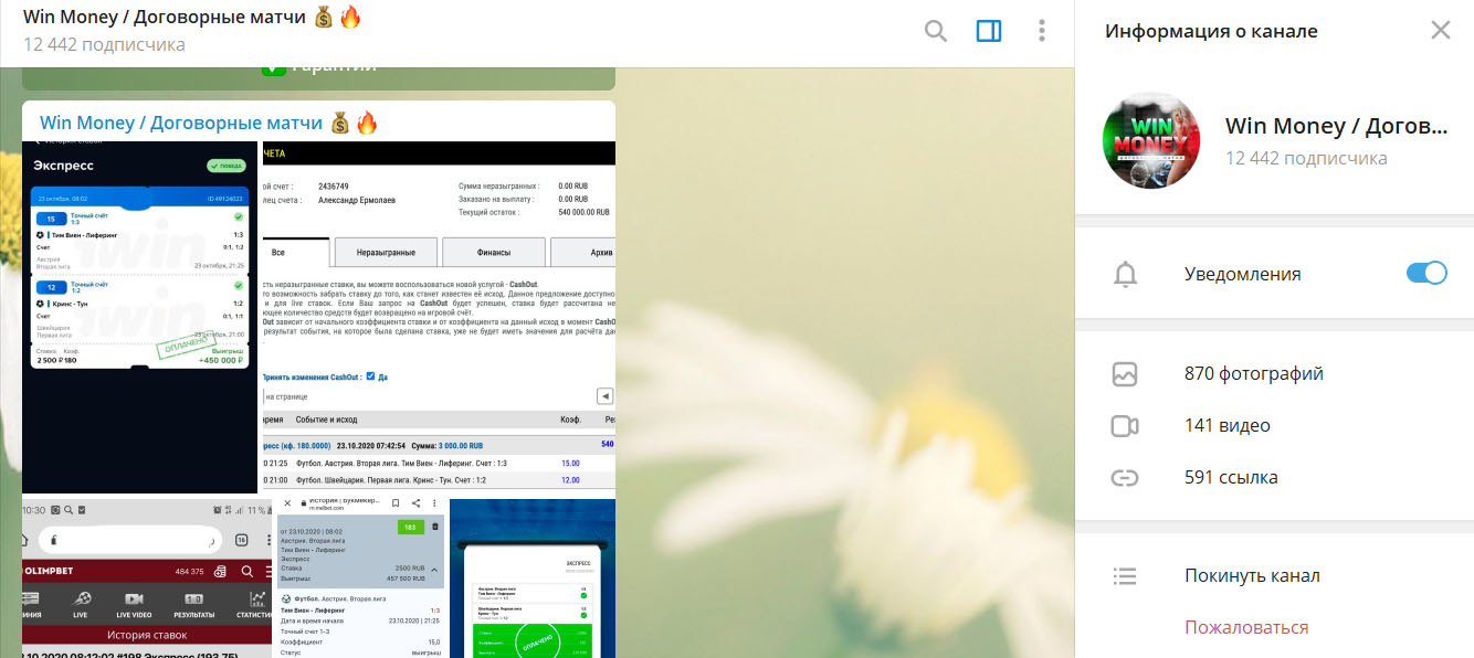 Внешний вид телеграм канала Win Money | Договорные матчи