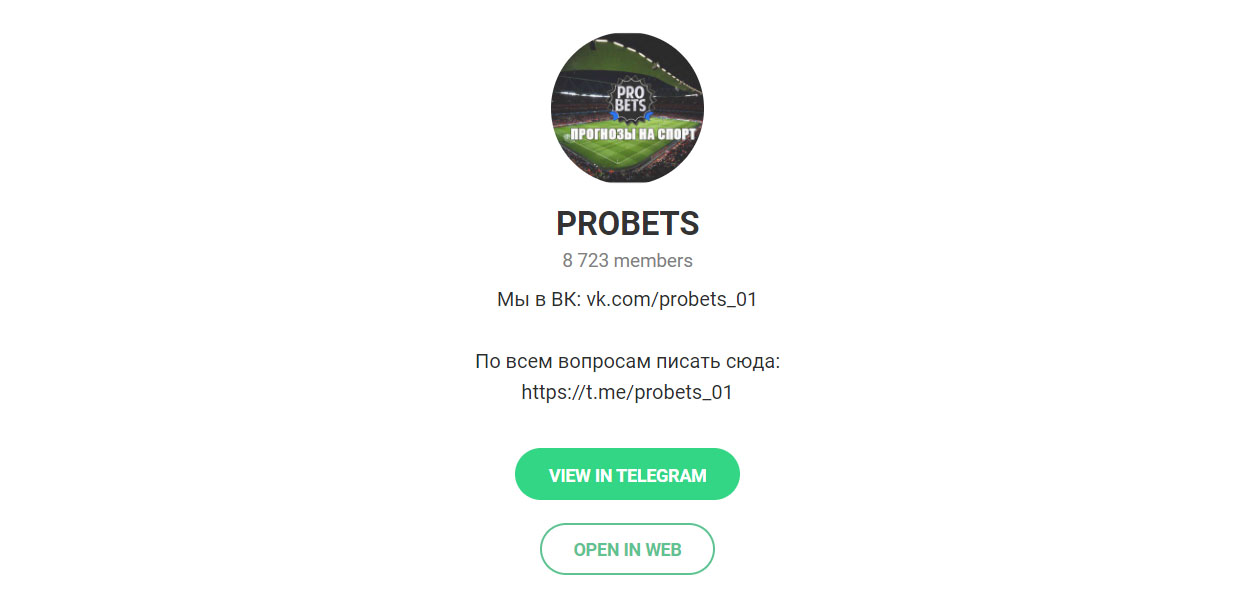 Внешний вид телеграм канала PROBETS