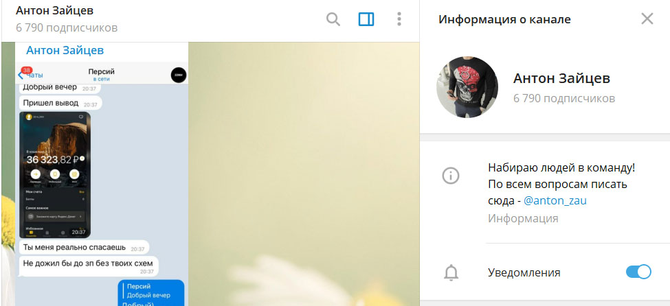 Внешний вид телеграм канала Антон Зайцев