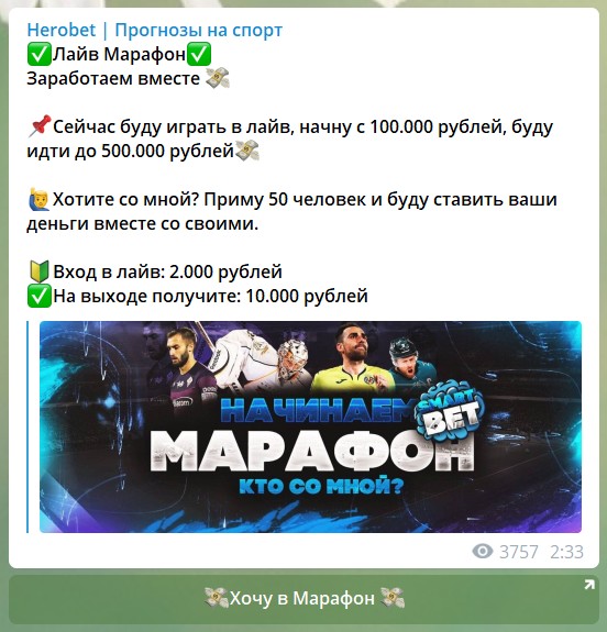Лайв марафоны в телеграме от Herobet