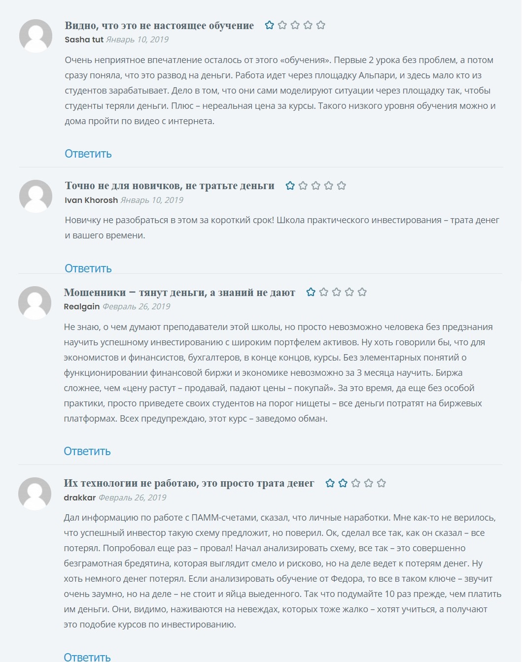 Негативные отзывы о школе практического инвестирования Федорова Сидорова