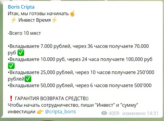 Условия по инвестициям в телеграме на канале Boris Cripta