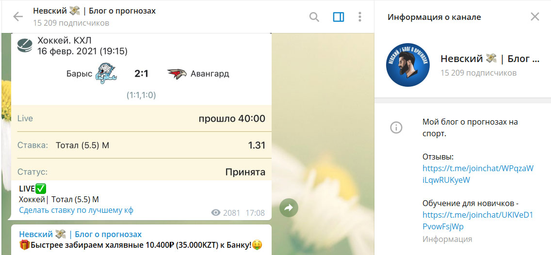 Внешний вид телеграм канала Невский | Блог о прогнозах