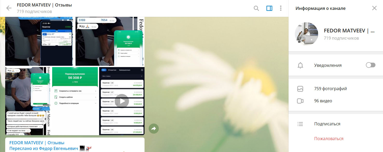 Внешний вид телеграм канала FEDOR MATVEEV