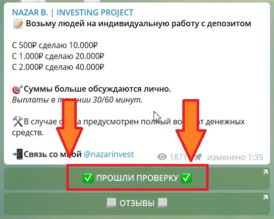 Проверка канала в телеграме Nazar B. | Investing Project