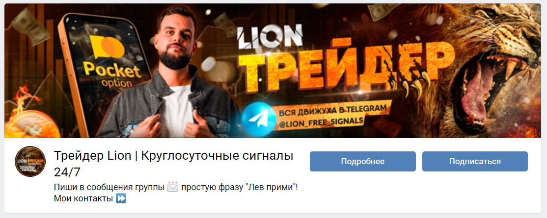 Внешний вид группы вк Трейдер Lion