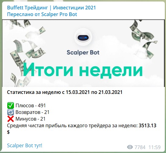 Реклама бота Телеграм Scalper PRO Bot у Buffett