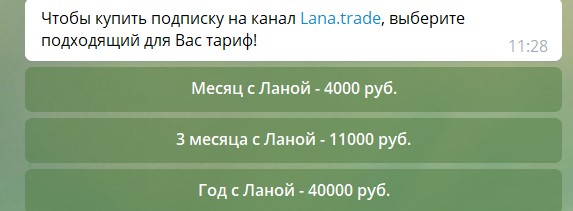 Стоимость доступа в канал Телеграм Lana.trade