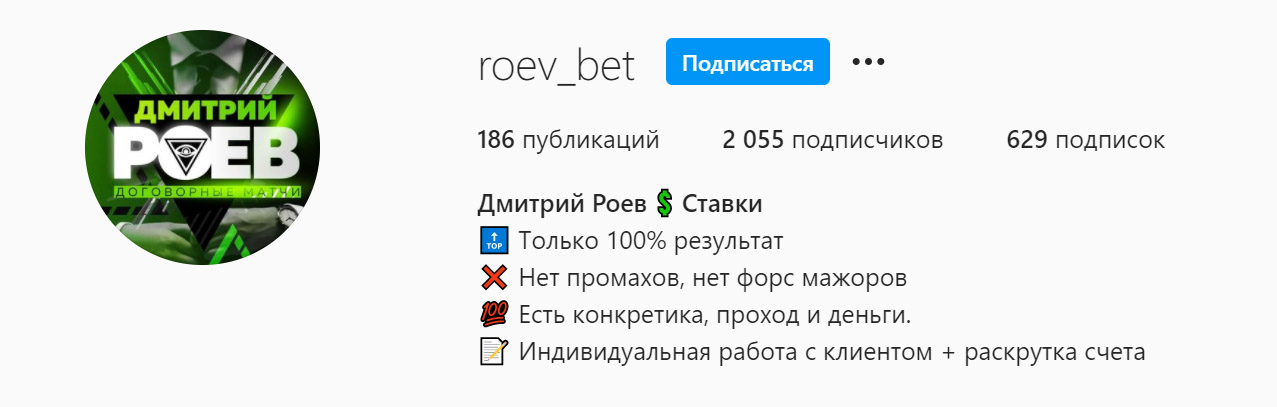 Внешний вид инстаграм страницы Дмитрий Роев @roev_bet