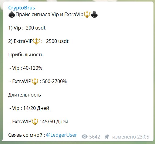 Стоимость подписок на канале Телеграм CryptoBrus