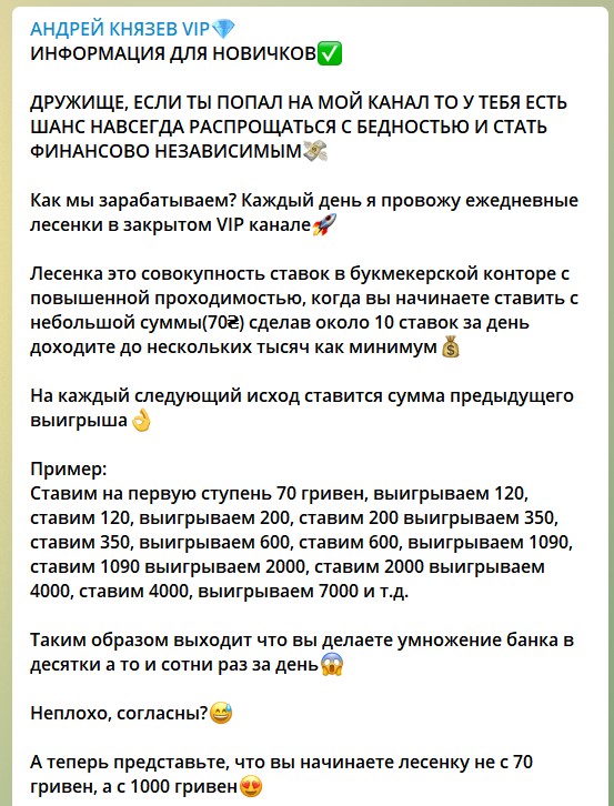 Стоимость лесенок на канале Телеграм Андрей Князев ВИП