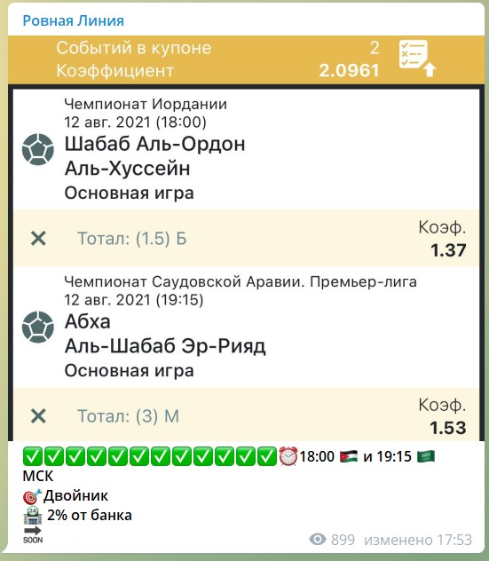 Бесплатные прогнозы на канале Телеграм Ровная линия