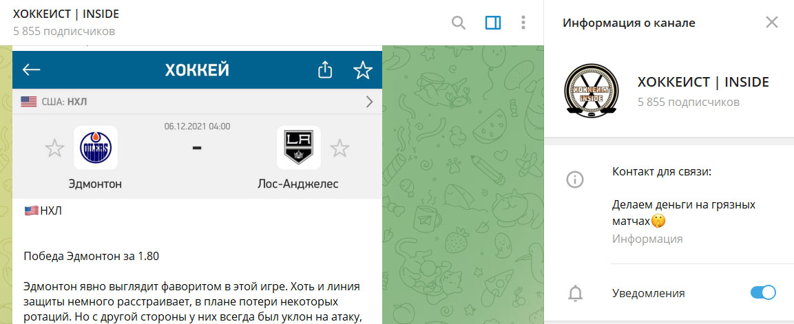 Внешний вид телеграм канала Хоккеист | Inside
