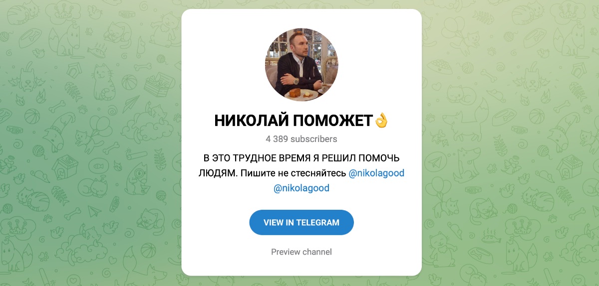 Внешний вид телеграм канала Николай Поможет