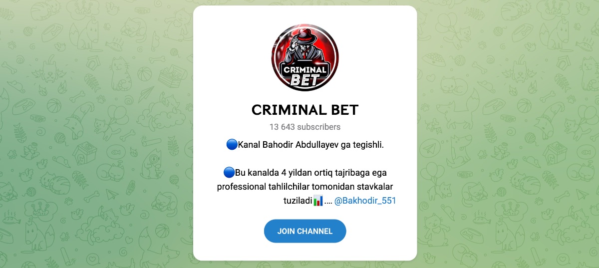 Внешний вид телеграм канала CRIMINAL BET