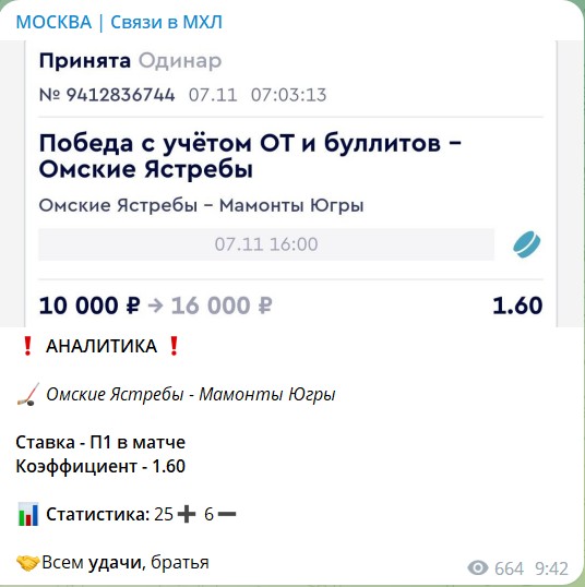 Прогнозы на канале Телеграм Москва Связи в МХЛ