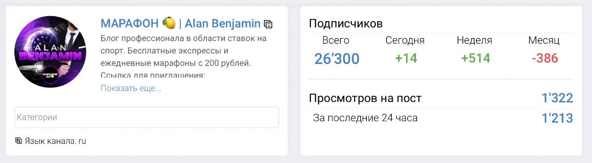 Внешний вид телеграм канала Марафон | Alan Benjamin