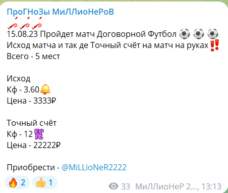 Стоимость матча на канале Telegram Прогнозы Миллионеров
