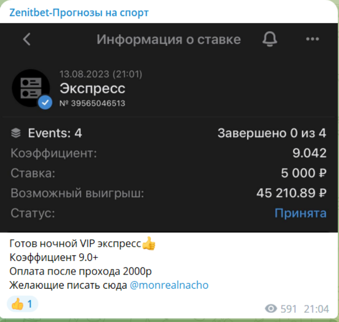 Стоимость прогноза на канале Telegram Zenitbet