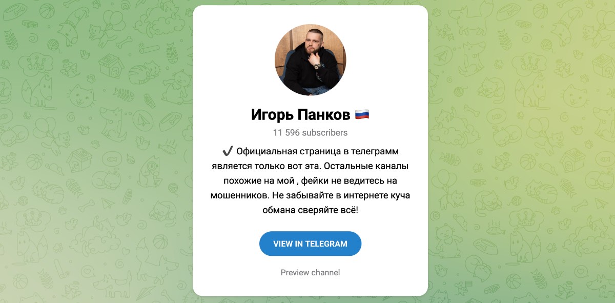 Внешний вид телеграм канала Игорь Панков