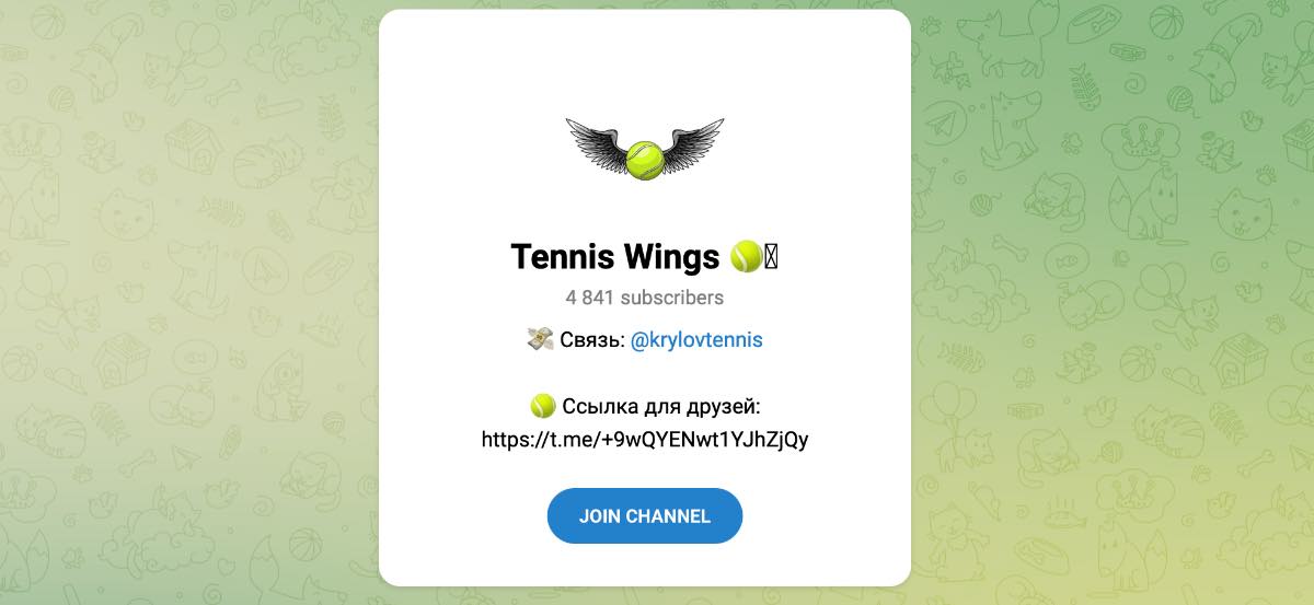 Внешний вид телеграм канала Tennis Wings