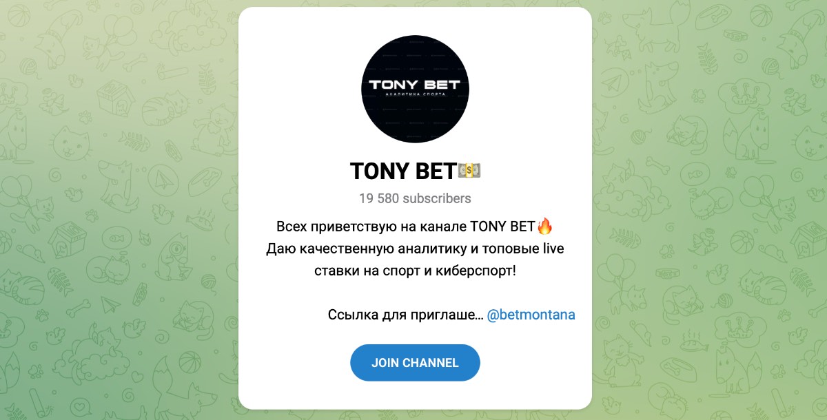 Внешний вид телеграм канала TONY BET
