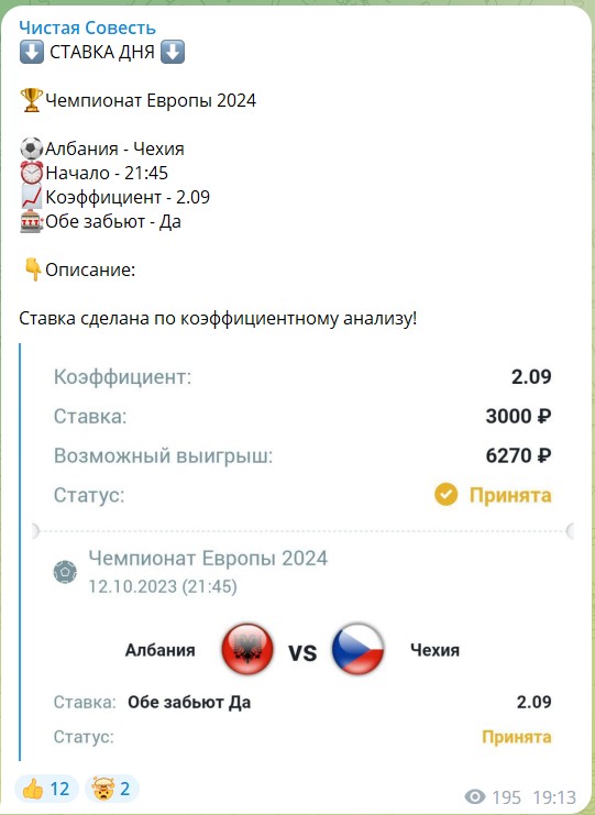 Прогнозы на футбол с канала Telegram Чистая Совесть