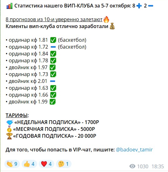 Стоимость подписок на канале Телеграм Тамира Бадоева