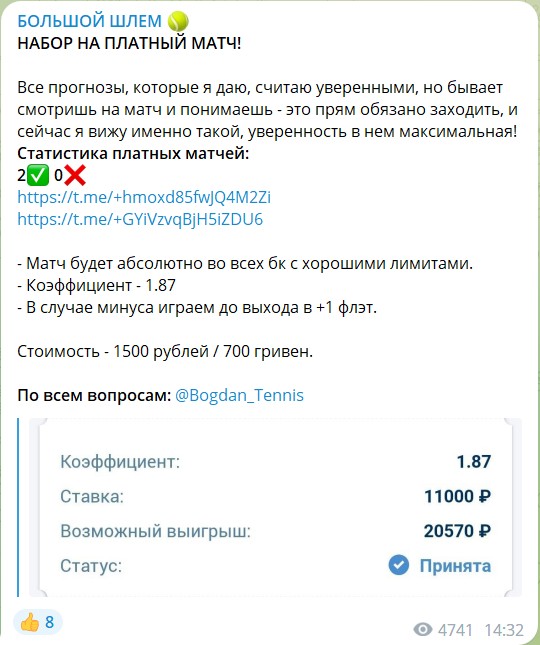 Стоимость прогнозов на канале Telegram Большой шлем