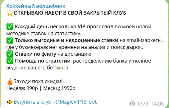 Цена доступа в VIP канал Хоккейный волшебник