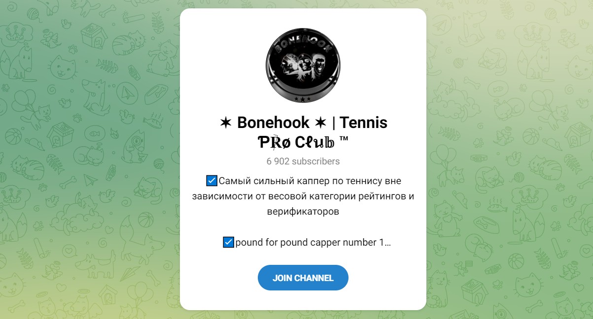 Внешний вид телеграм канала Bonehook Tennis Pro Club