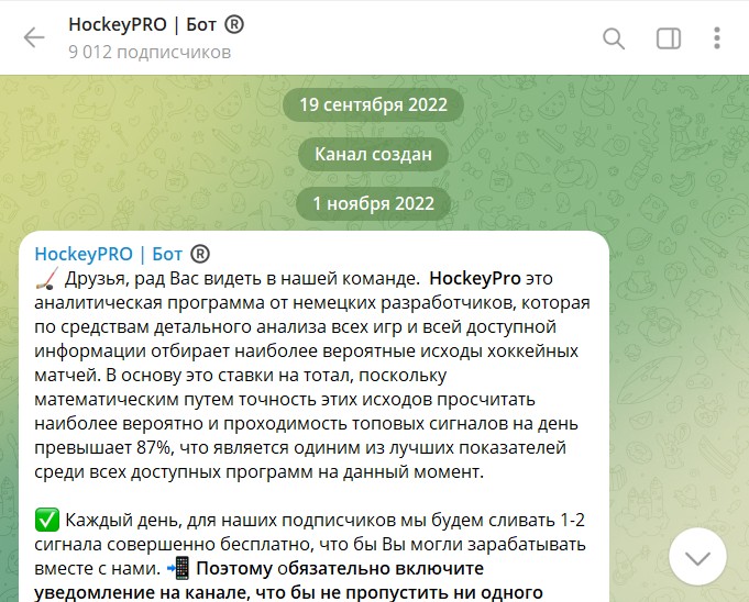 Информация о канале ТГ HockeyPRO Бот