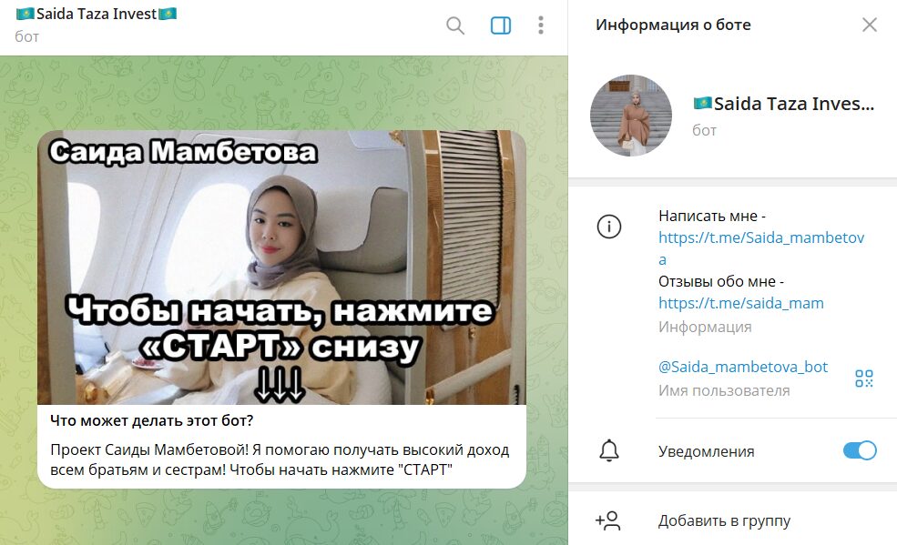 Описание бота Телеграм Saida Taza Invest