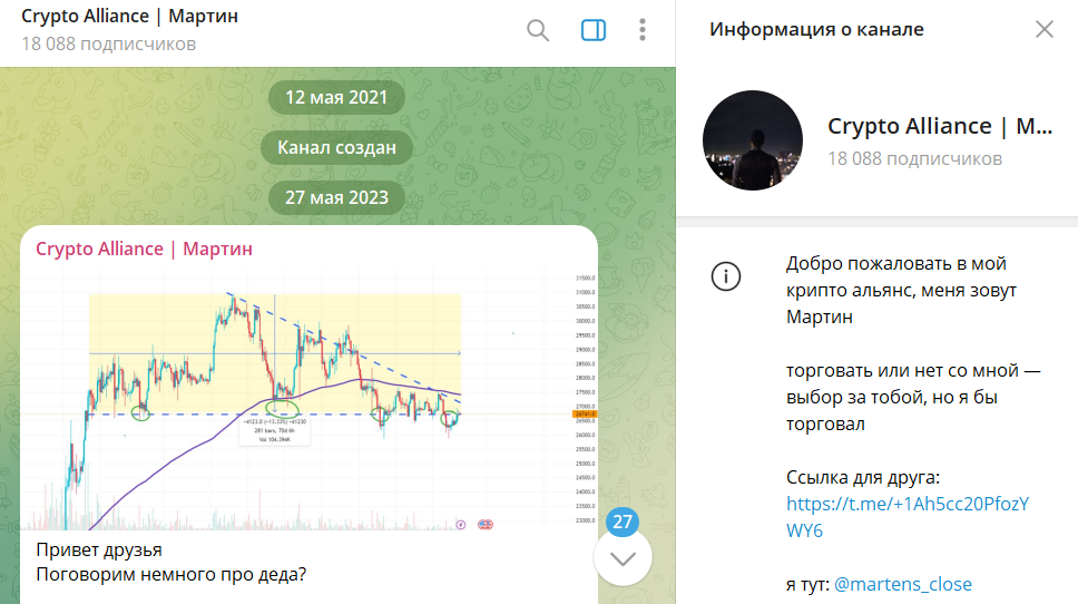 Описание канала в телеграмме Crypto Alliance Мартин