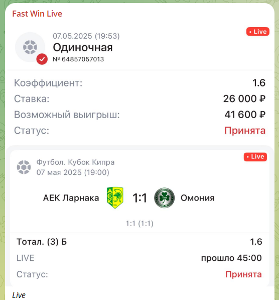 Бесплатная ставка на канале TG Fast Win Live