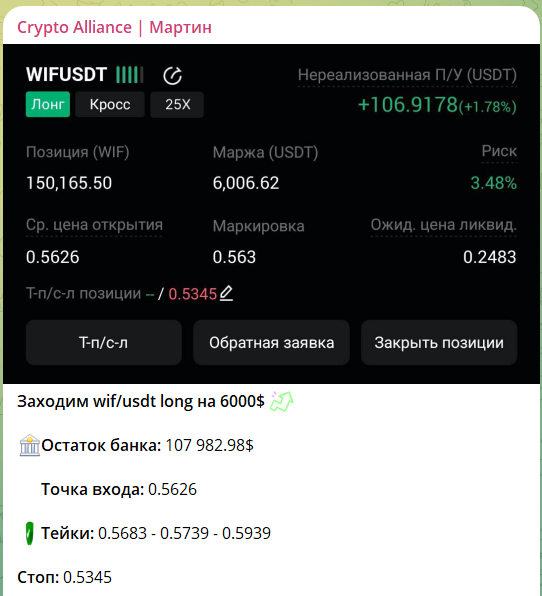 Бесплатный сигнал на канале Crypto Alliance Мартин