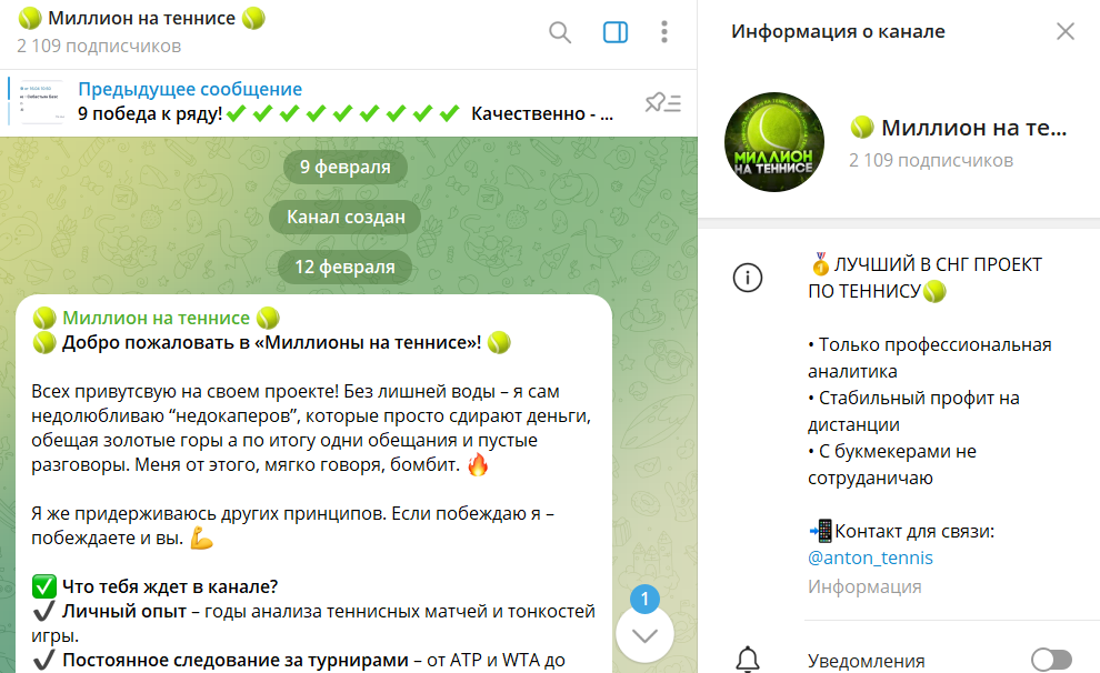 Информация по каналу в телеграме Миллион на теннисе