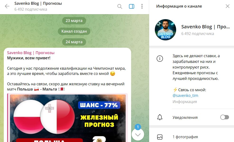 Сведения о проекте в телеграмме каппера Тимура Савенко