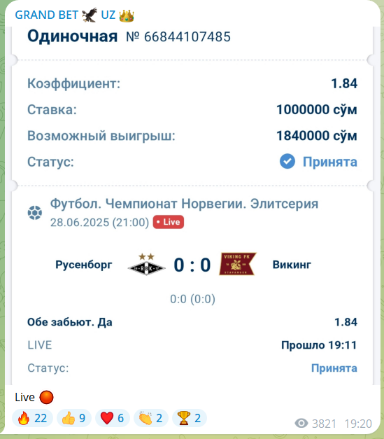 Бесплатный прогноз на канале ГРАНД БЕТ УЗ